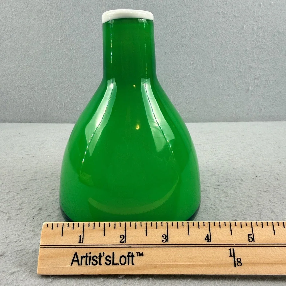 Vintage Mid Century Emerald Green Cased Glass Vase White‎ Rim 6 Inch MCM Decor
